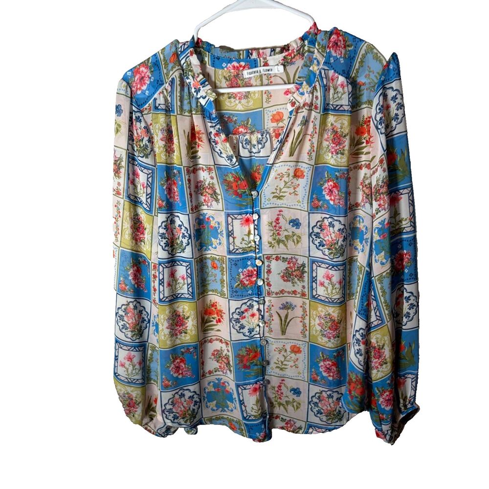 Figueroa & Flower Blouse Women's Large Floral Lightweight Button Up V-Neck Sheer